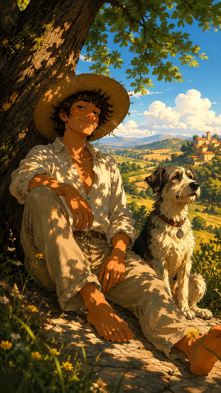 Garoto descansando sob uma árvore com seu cão companheiro