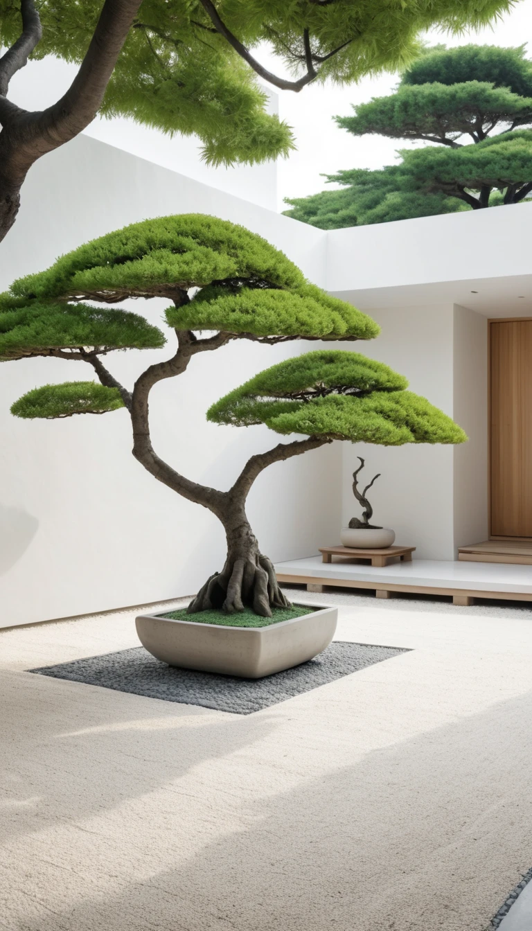 Vila japonesa minimalista com bonsai e jardim zen