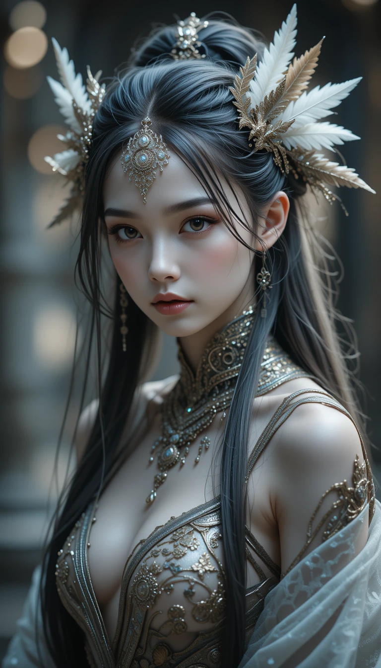 Pale fantasy girl with metal and feather hair adornments