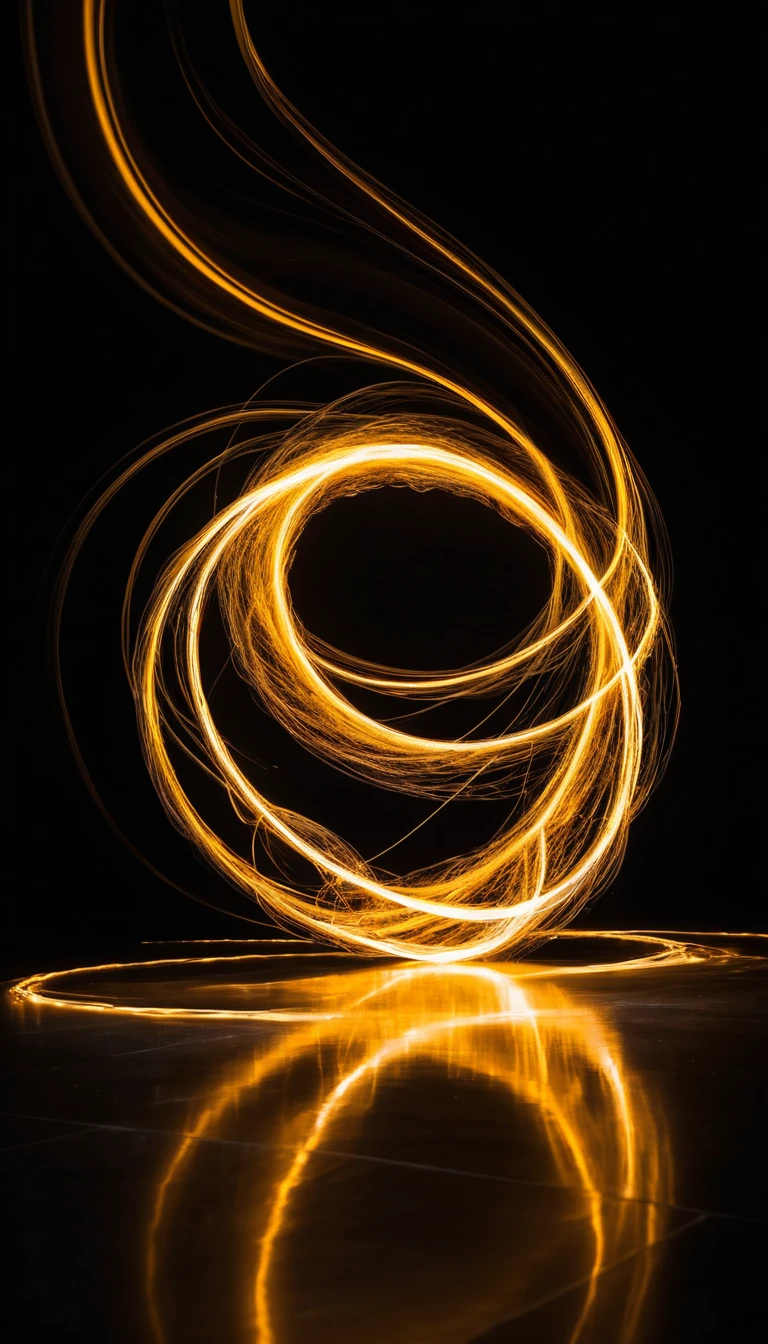 Goldene Lichtspuren, die über einer reflektierenden Hand wirbeln