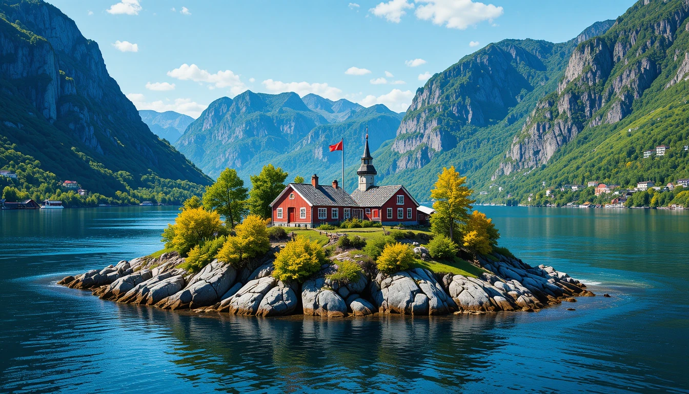 Rote Häuser auf einer kleinen Insel in einem norwegischen Fjord