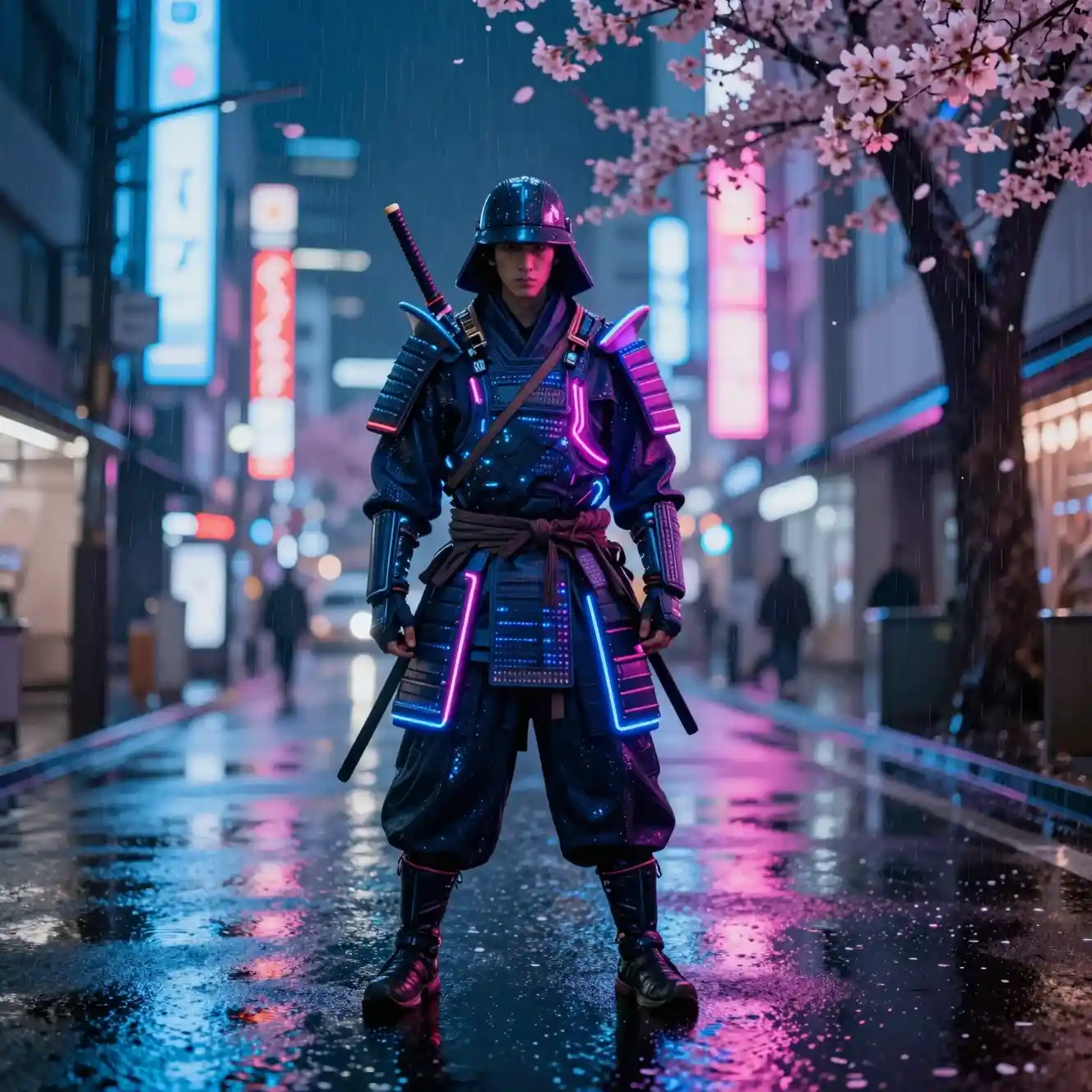 Neon cyber samurai on a rainy Tokyo street at midnight