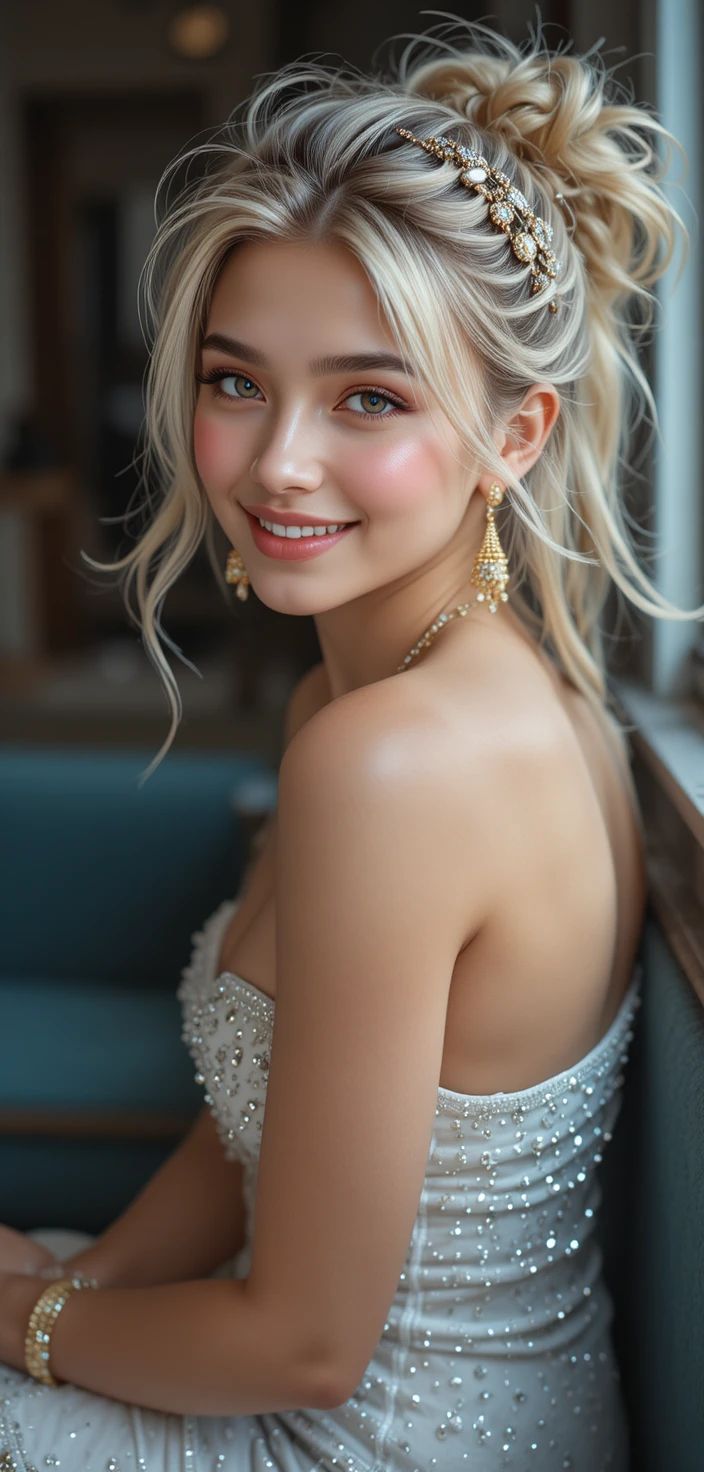 Joyful blonde girl in rhinestone top close up portrait