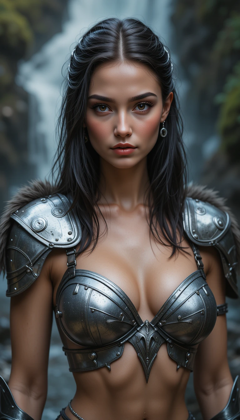 Viking warrior woman portrait before a distant waterfall