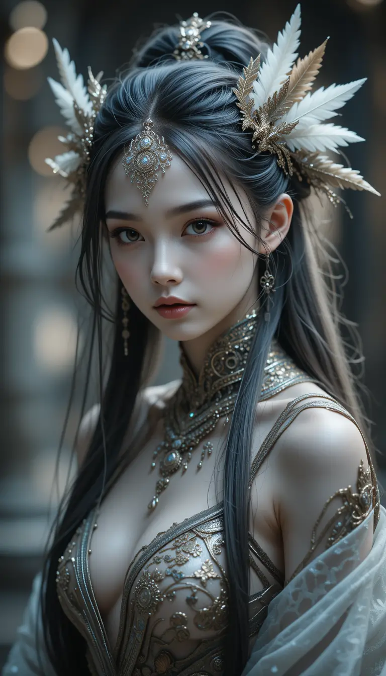 Pale fantasy girl with metal and feather hair adornments