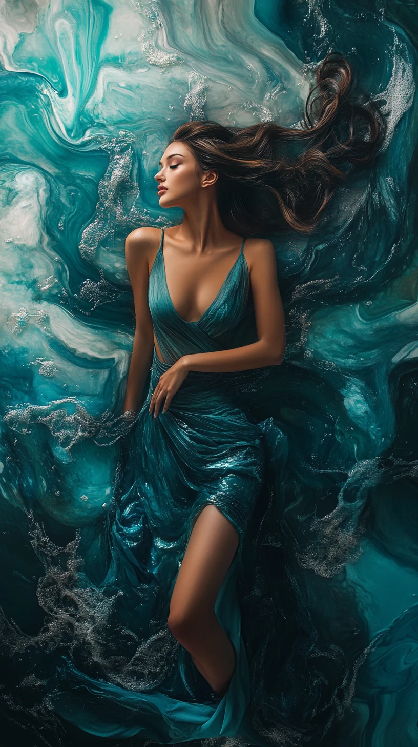 Jovem mulher em vestido de gala verde-azulado com fundo abstrato