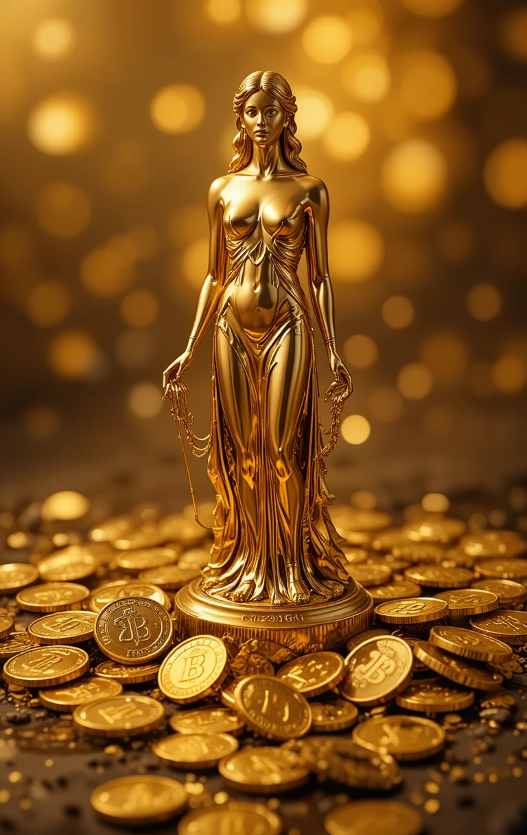 Gold female statue with scattered coins on reflective surface