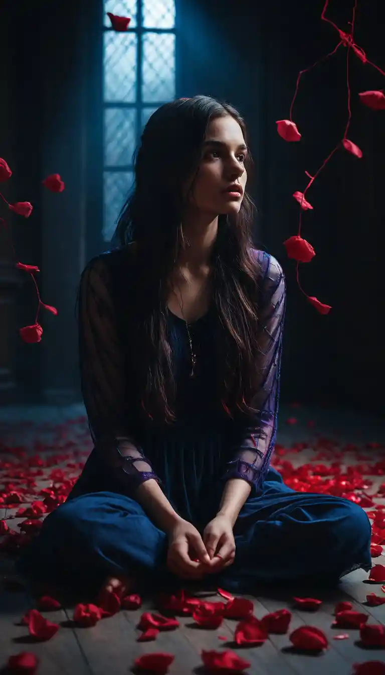 Young woman in glowing red threads among rose petals
