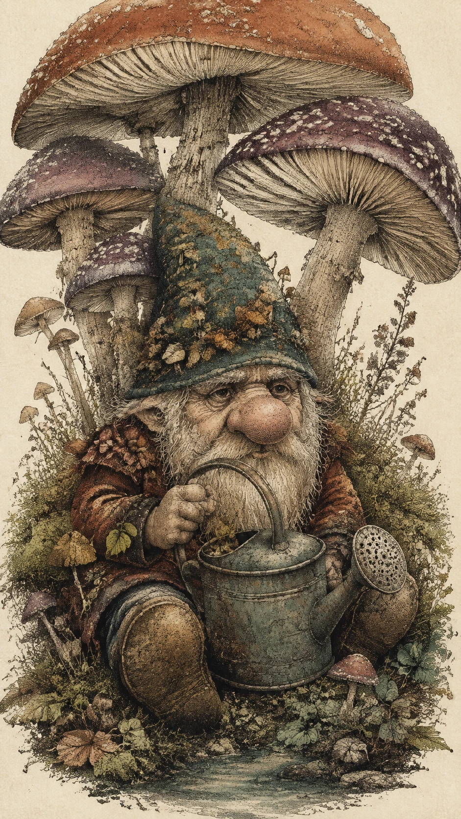 Gnome âgé fantaisiste sous d’immenses champignons de forêt
