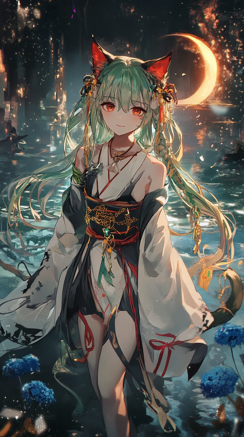 Anime girl with green hair in ornate fantasy outfit
