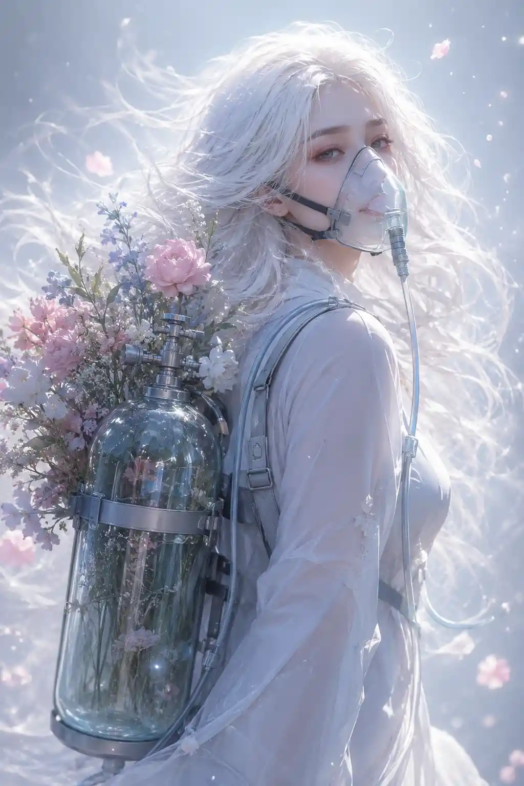 Woman With Oxygen Tank And Flowers In Ethereal Setting