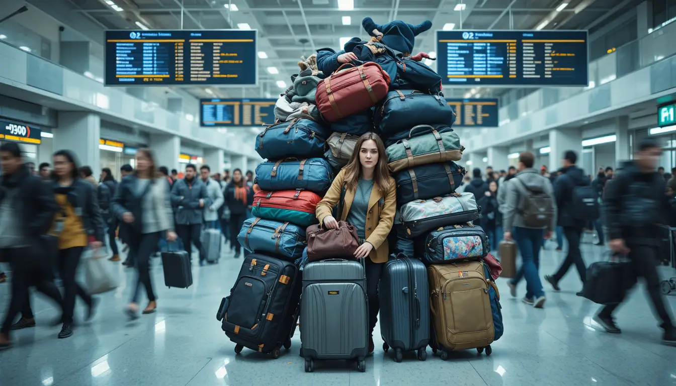 Famille stressée jonglant avec des bagages dans un terminal d’aéroport bondé