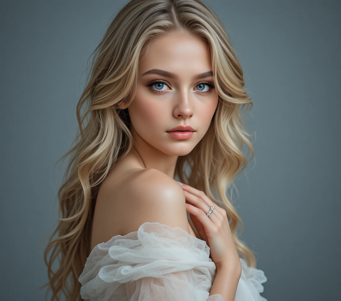 Retrato elegante de uma mulher loira em tecido branco translúcido
