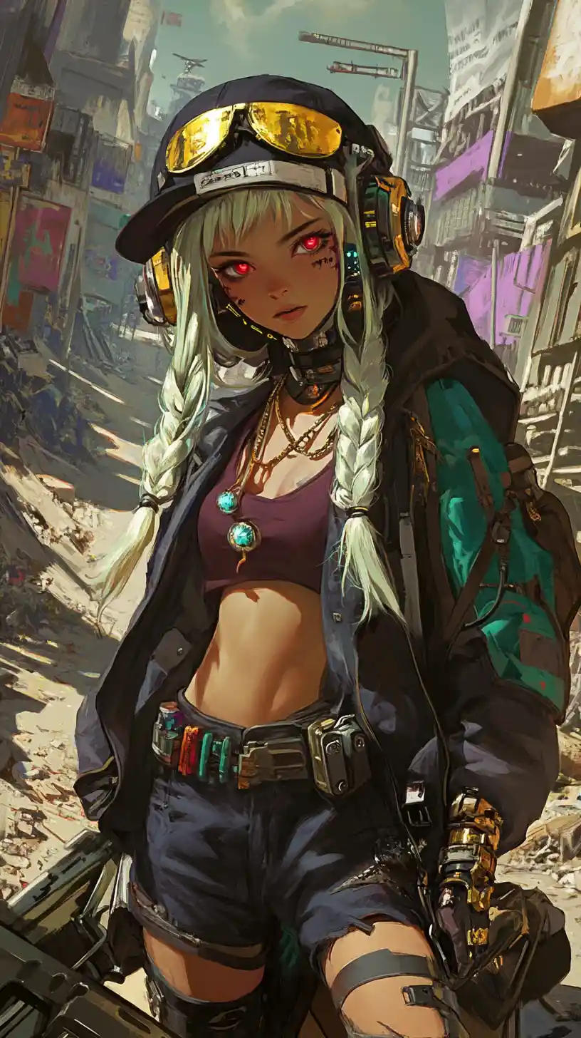 Anime girl riding a cyberpunk motorcycle through ruins