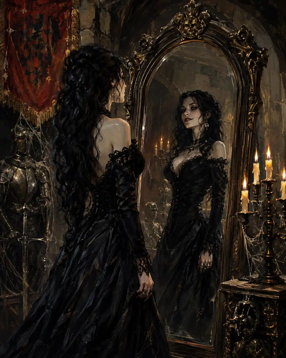 Gothic woman in black dress before ornate castle mirror