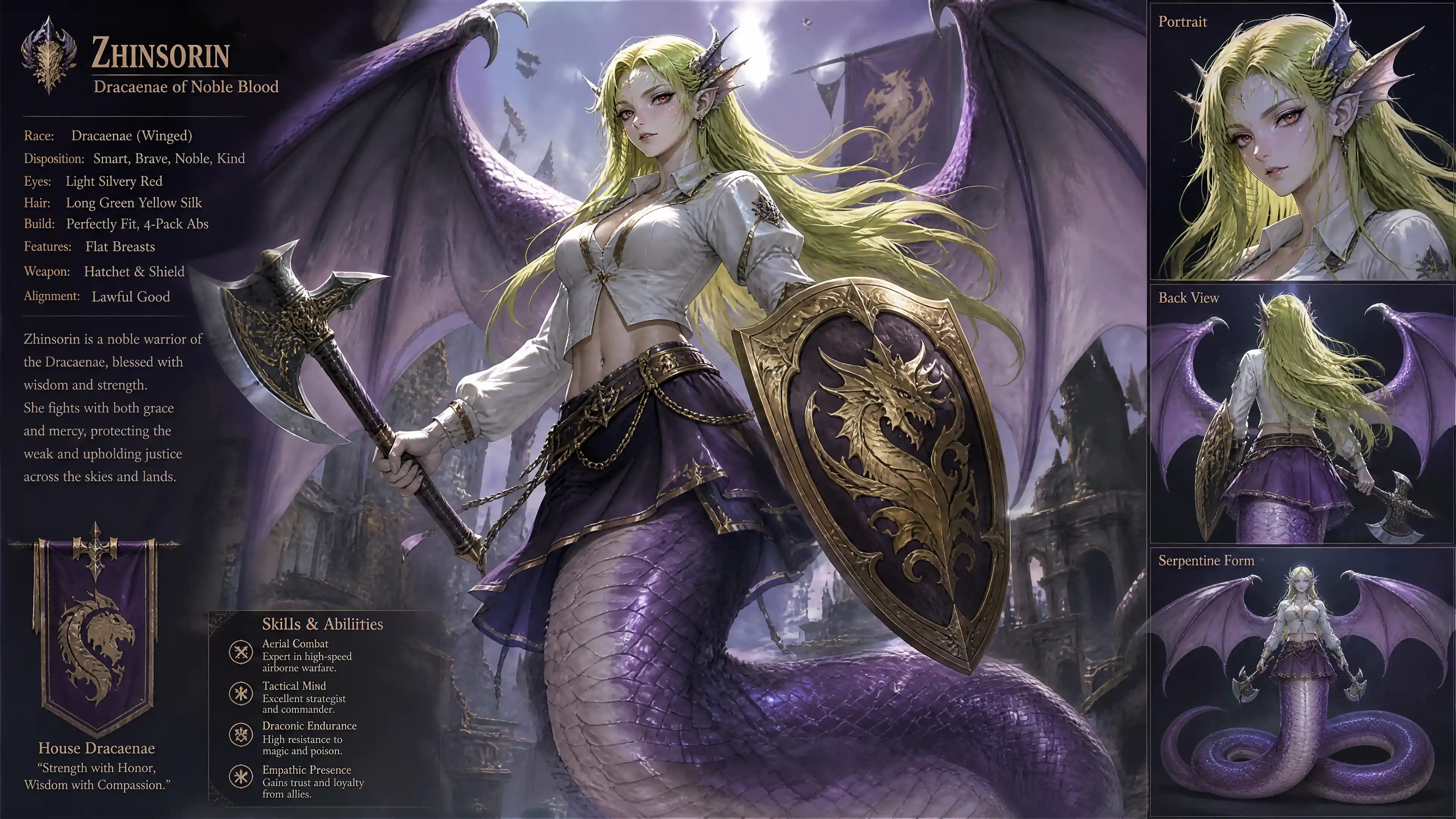 Winged dracaena woman with serpentine body and shield