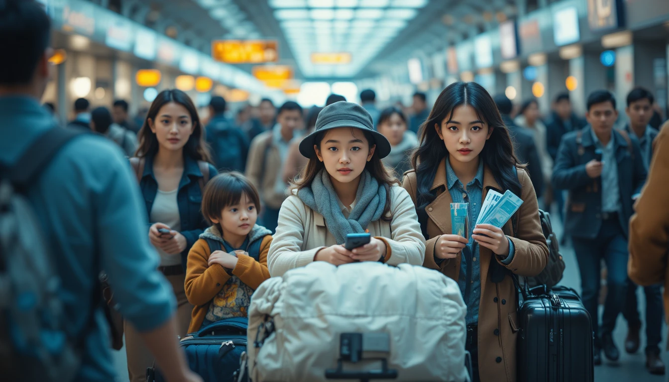 Stressed family navigating heavy luggage through busy airport