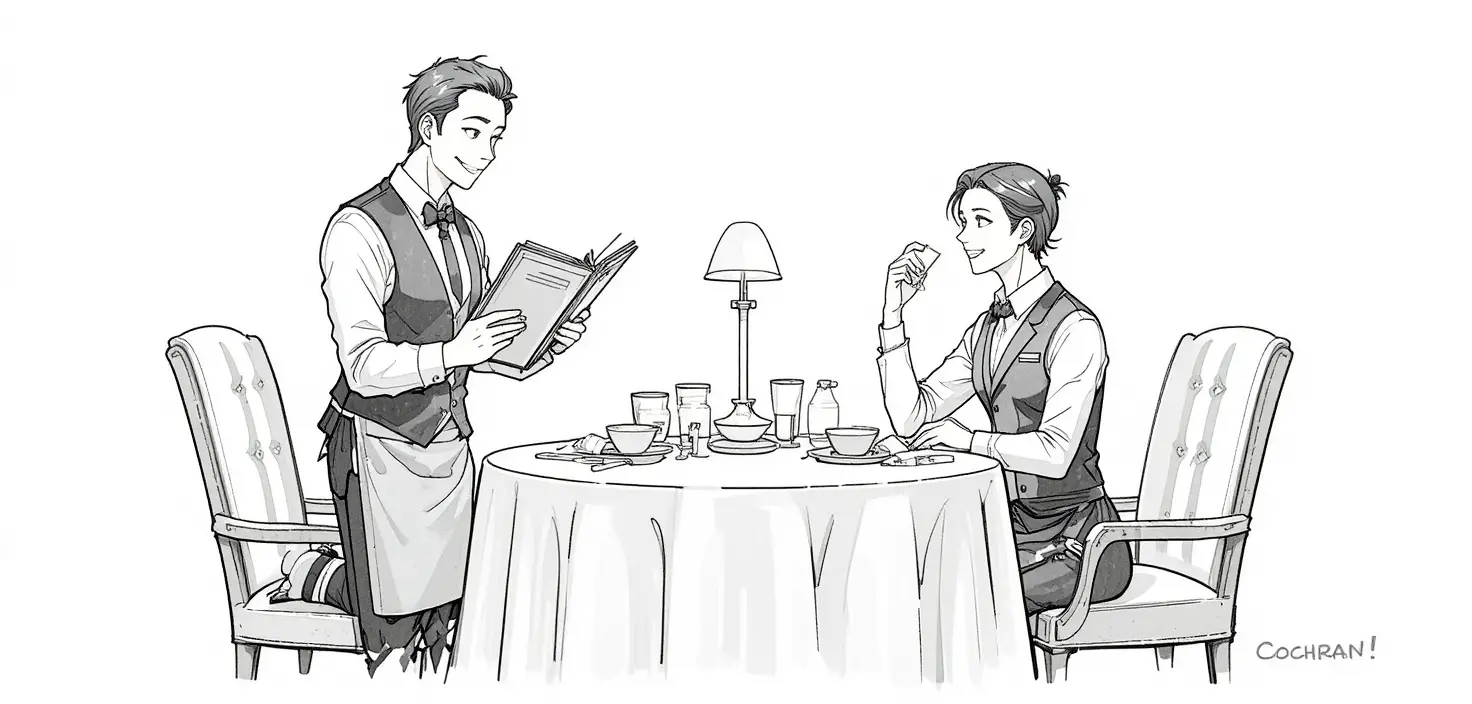 Cheerful waiter taking an order in a cozy restaurant cartoon