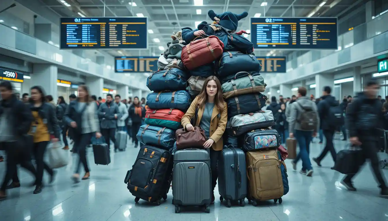 Stressed family juggling luggage in a crowded airport terminal