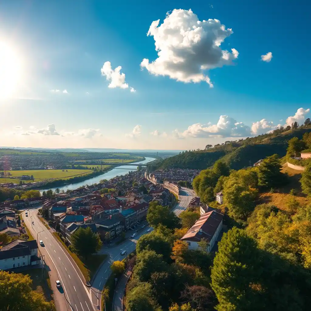 Colorful hillside town with riverside road and greenery