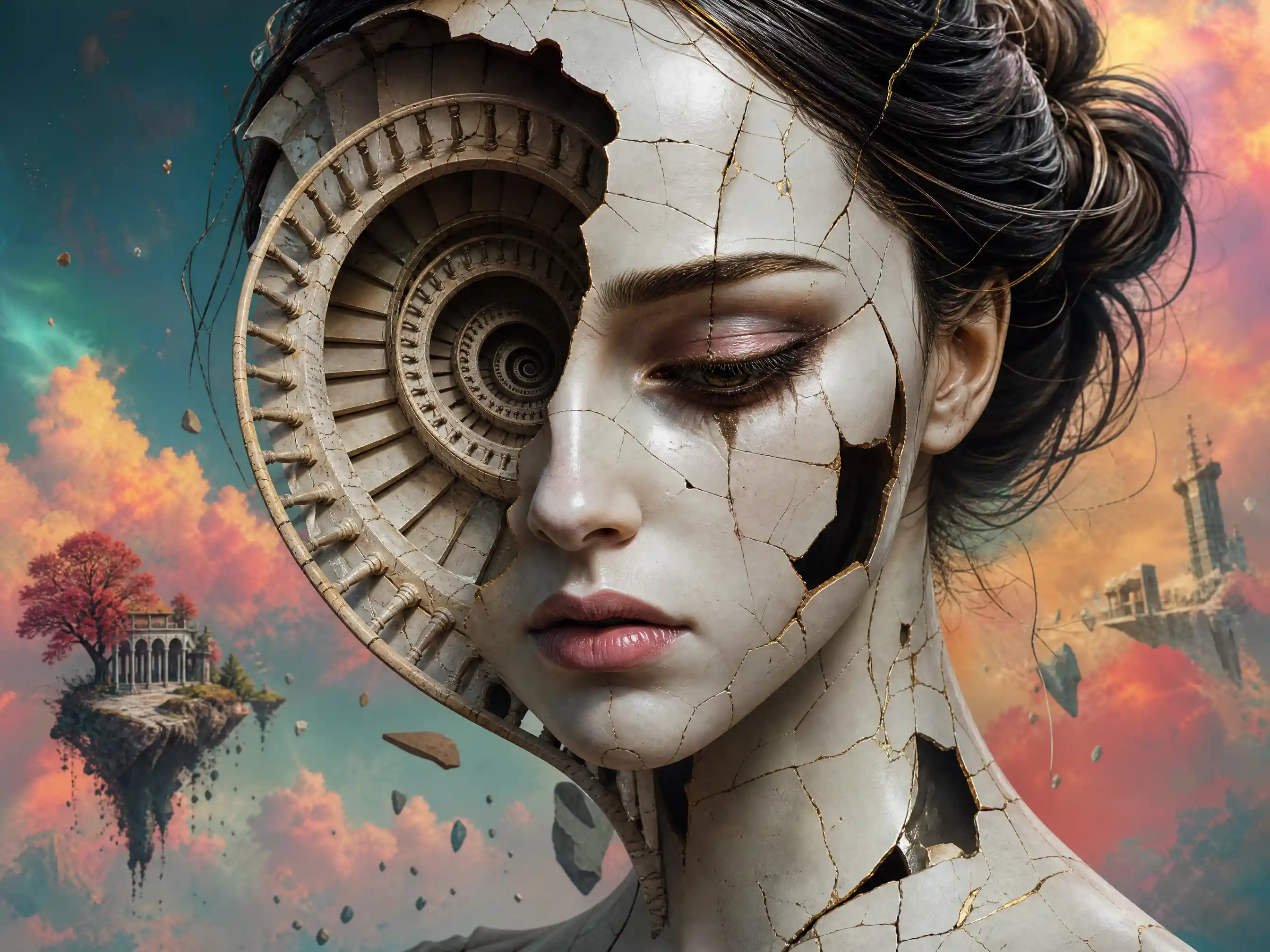 Surreal 3D portrait of a cracked porcelain faced woman