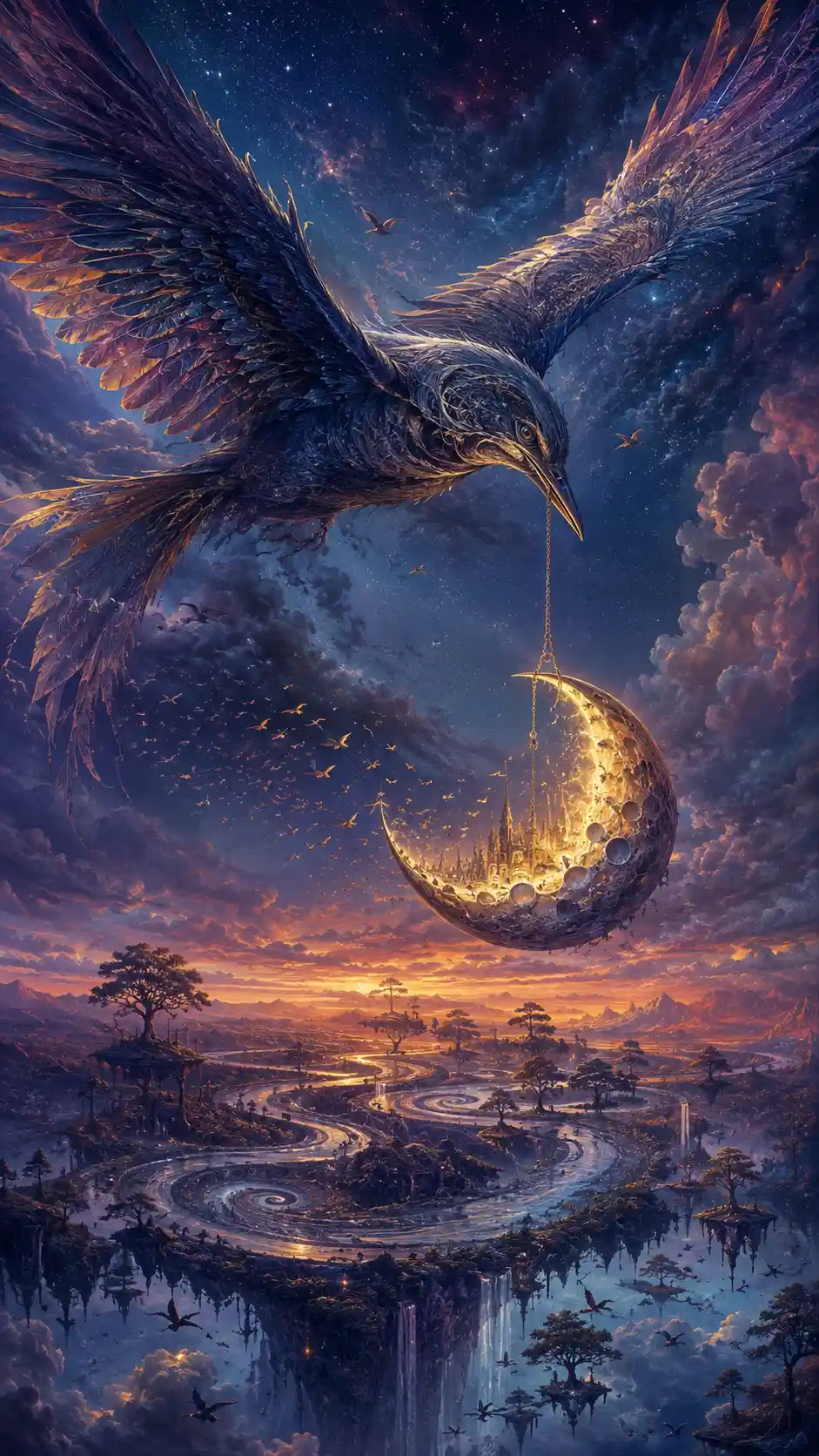 Giant fantasy bird carrying a glowing crescent moon