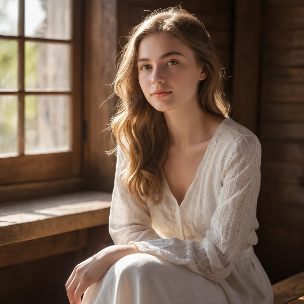 Young woman resting peacefully on a sunlit wooden bench