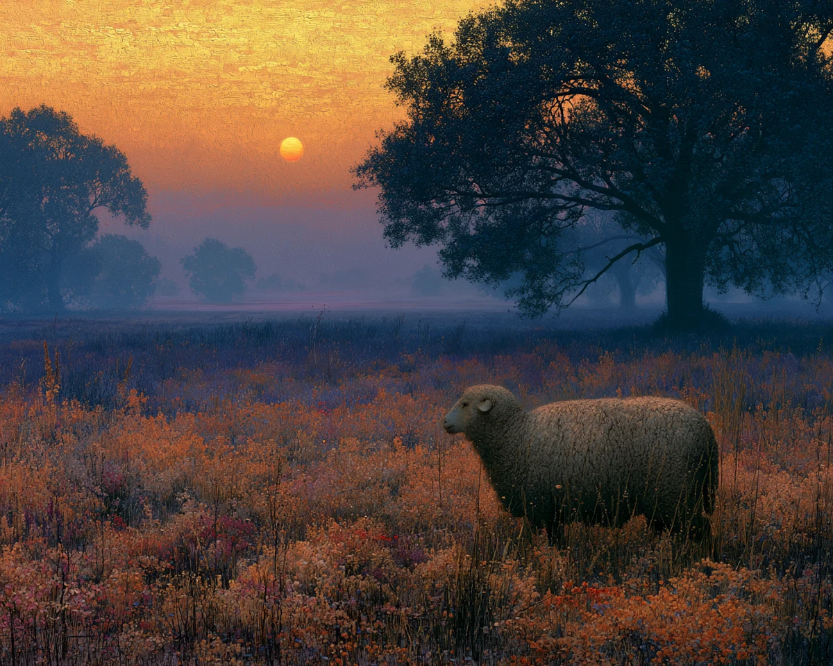 Schafporträt in einer ruhigen Sommerwiese bei Sonnenaufgang