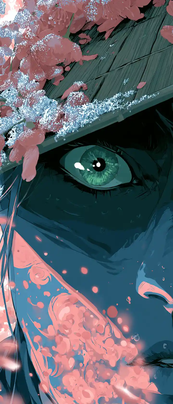 Dutch angle close up of an anime ninja green eye