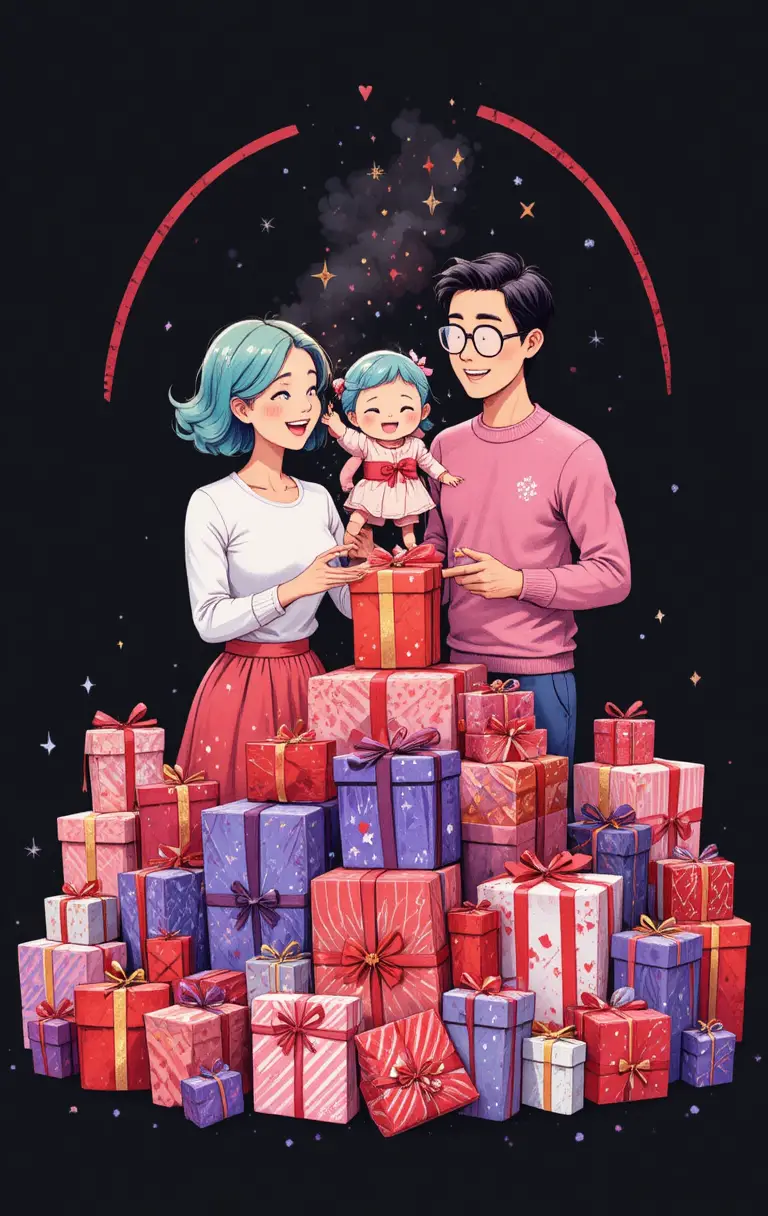 Happy family celebrating Christmas with colorful gift boxes