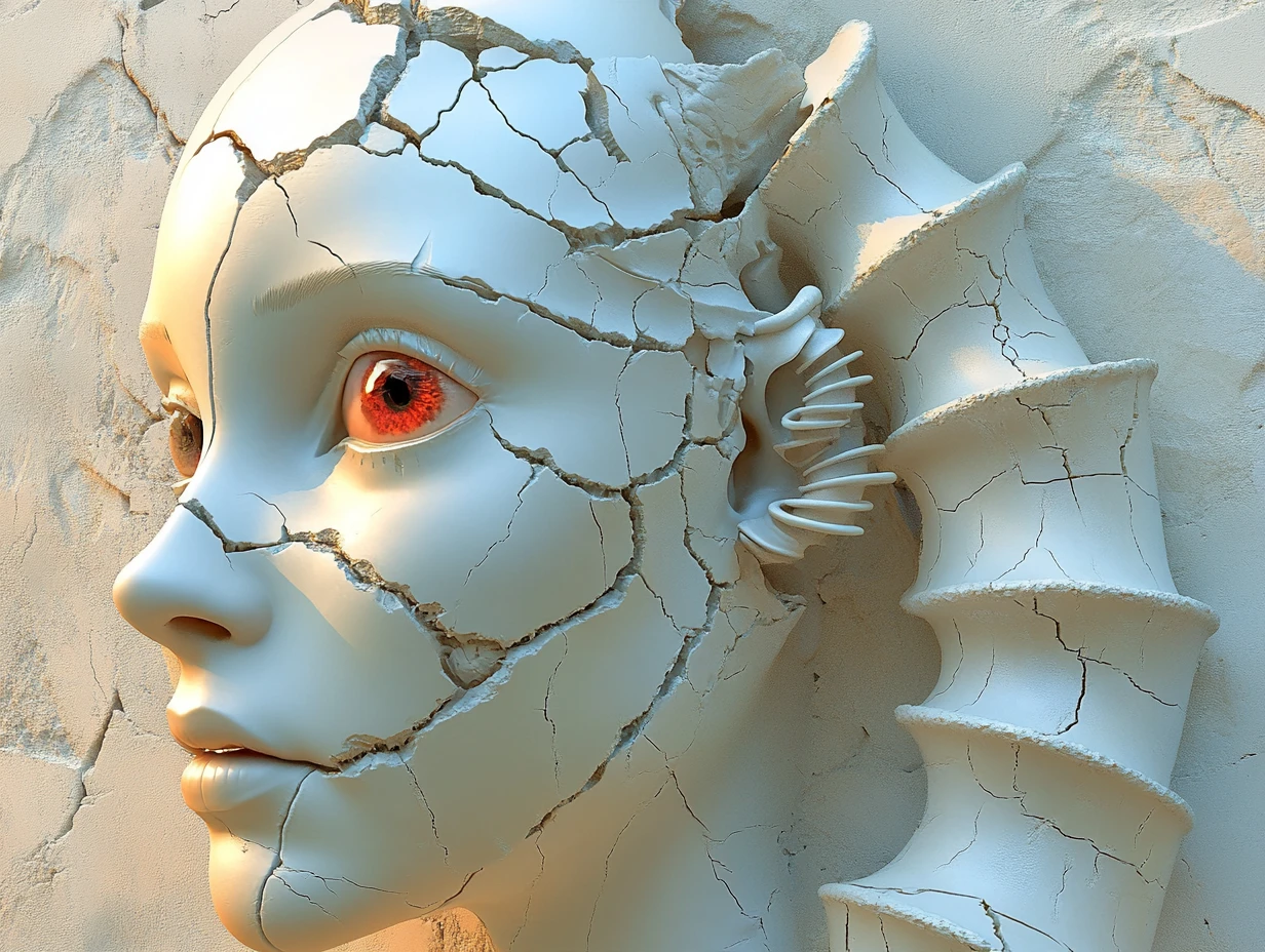 Retrato 3D surreal de um rosto feminino de porcelana rachada