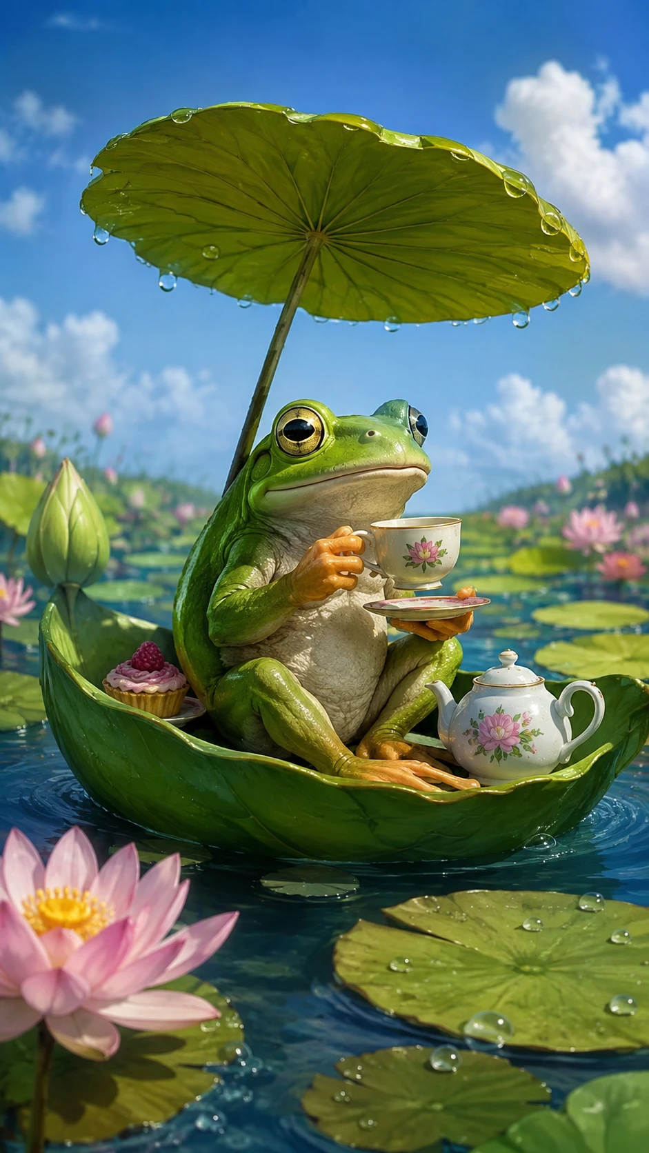Ilustração digital divertida de uma cena fantasiosa e colorida de sapos