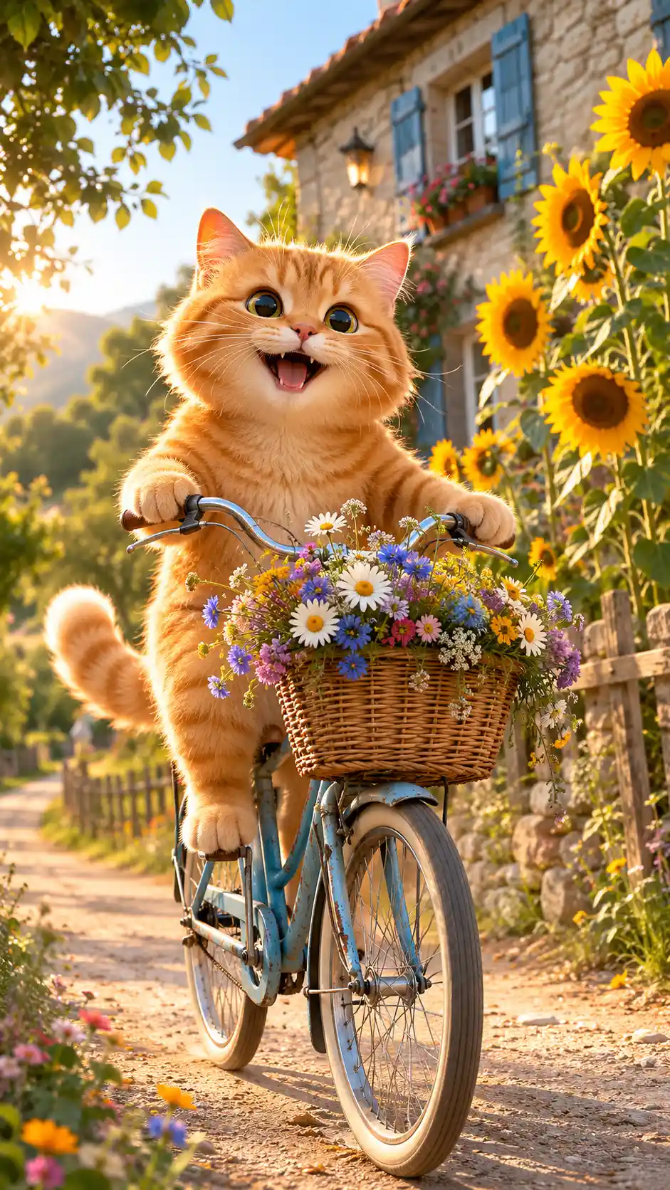 Joyful orange cat riding a bicycle through country sunlight