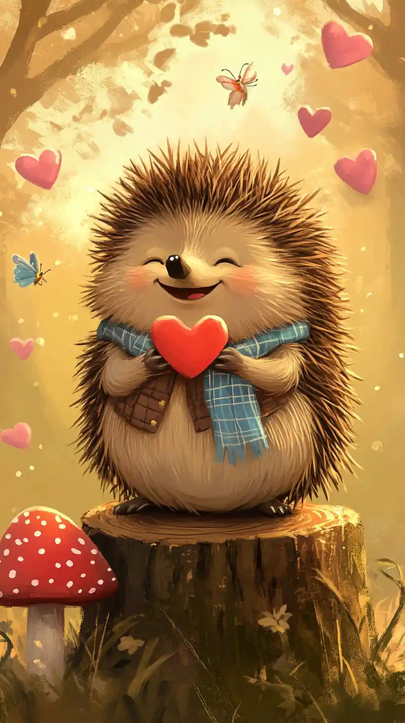 Cheerful Hedgehog With Heart On Forest Tree Stump