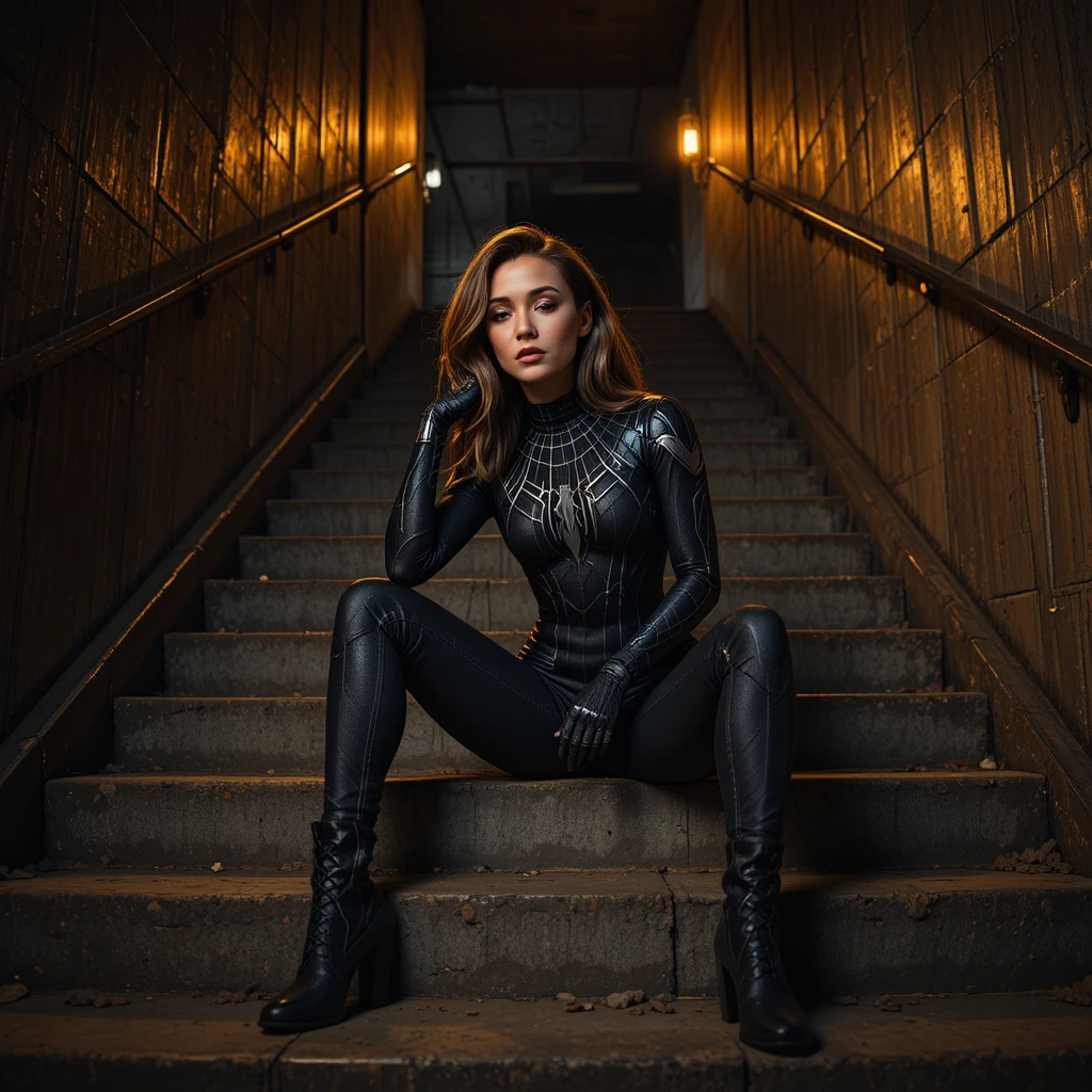 Garota-aranha descansando em uma escadaria urbana de concreto escura