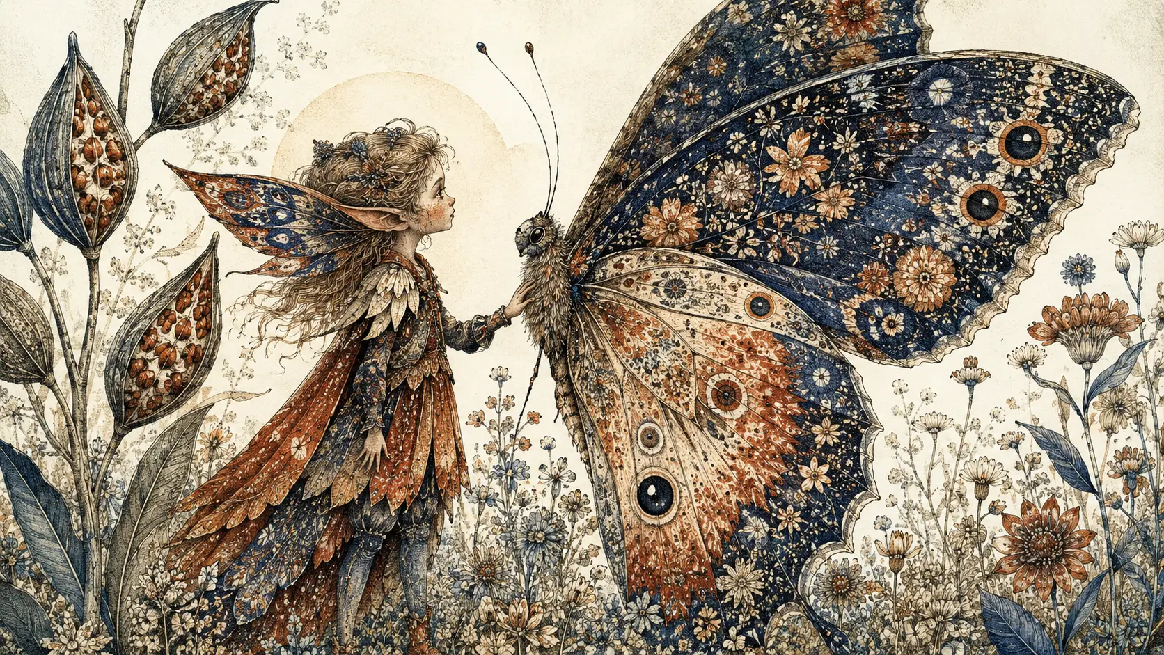 Elfe et Papillon Géant Parmi de Hautes Fleurs Sauvages