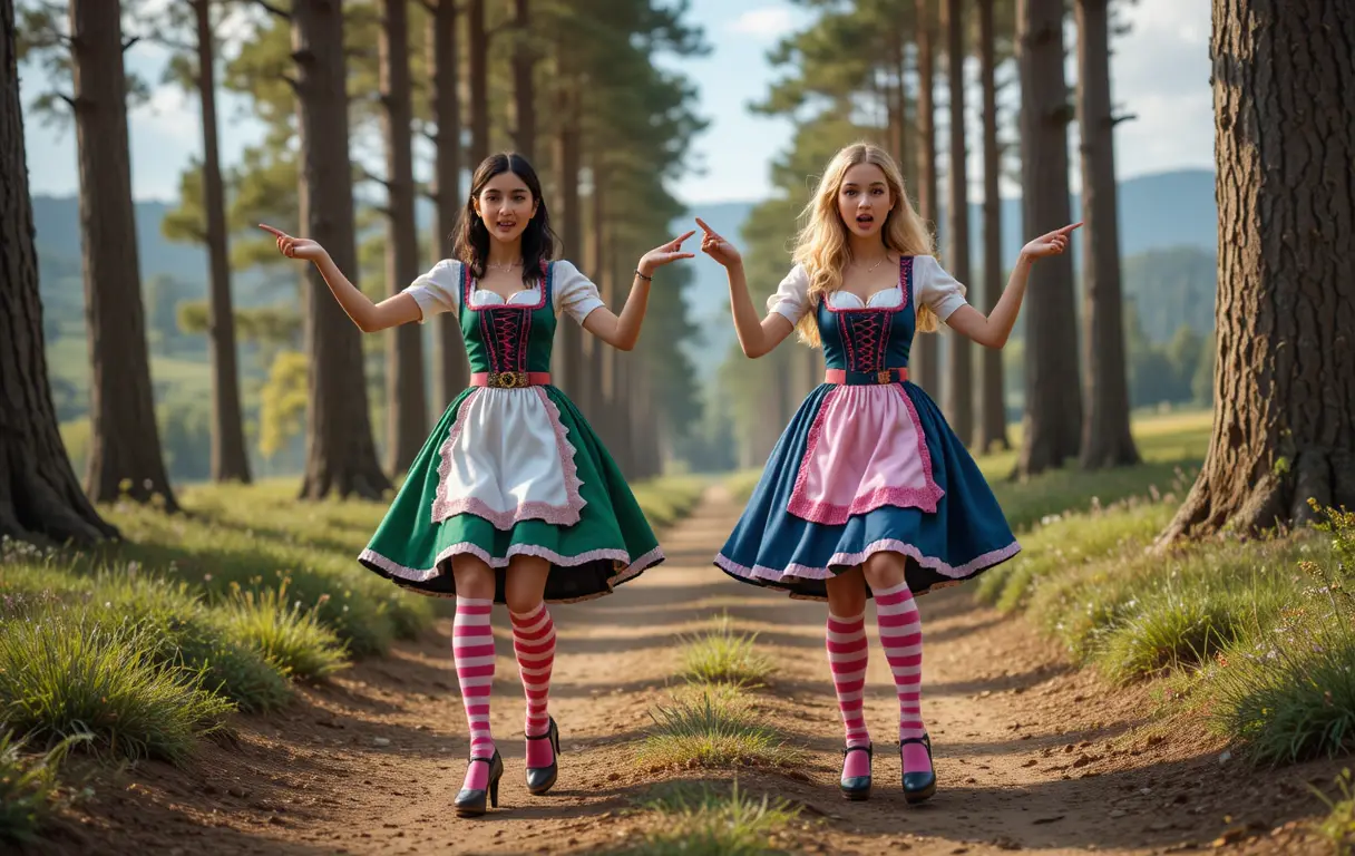 Two young women dancing in dirndls on a forest path