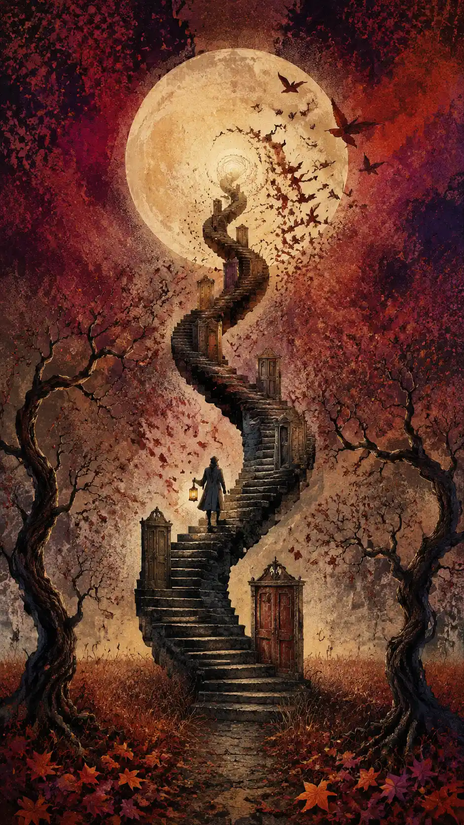 Spiral staircase rising toward a vast glowing moon