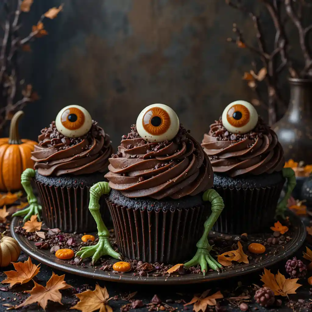Spooky monster cupcakes with caramel eyeballs on festive platter