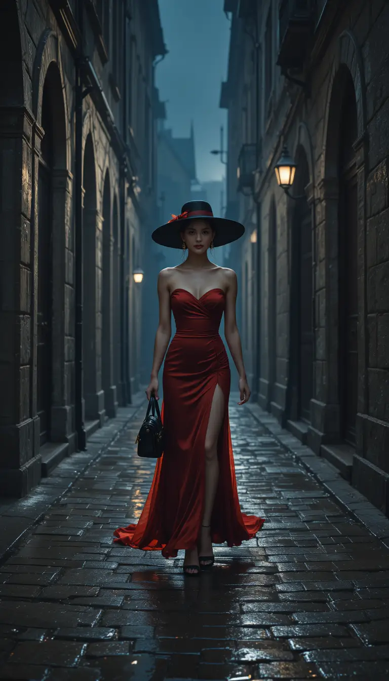 Elegant woman walking alone in a wet gothic alley