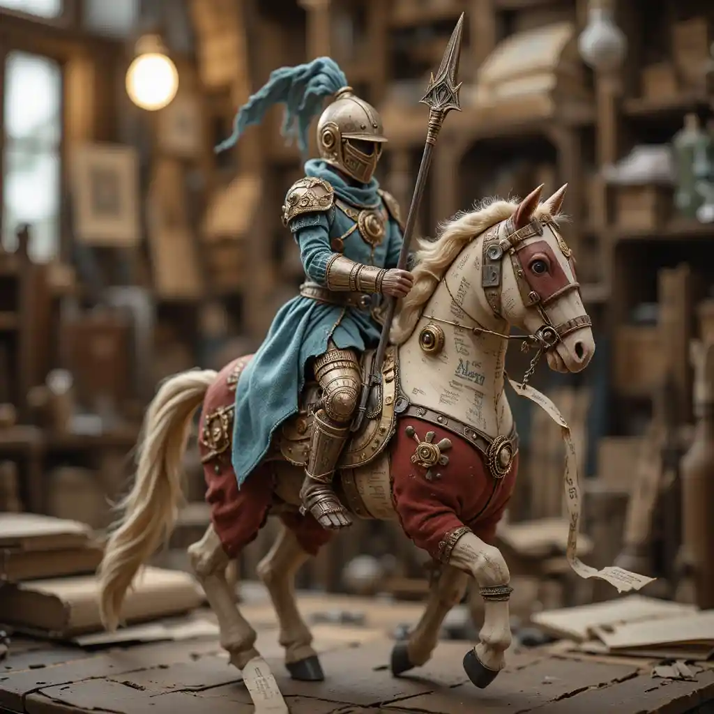 Handcrafted fantasy knight sculpture made from recycled book pages