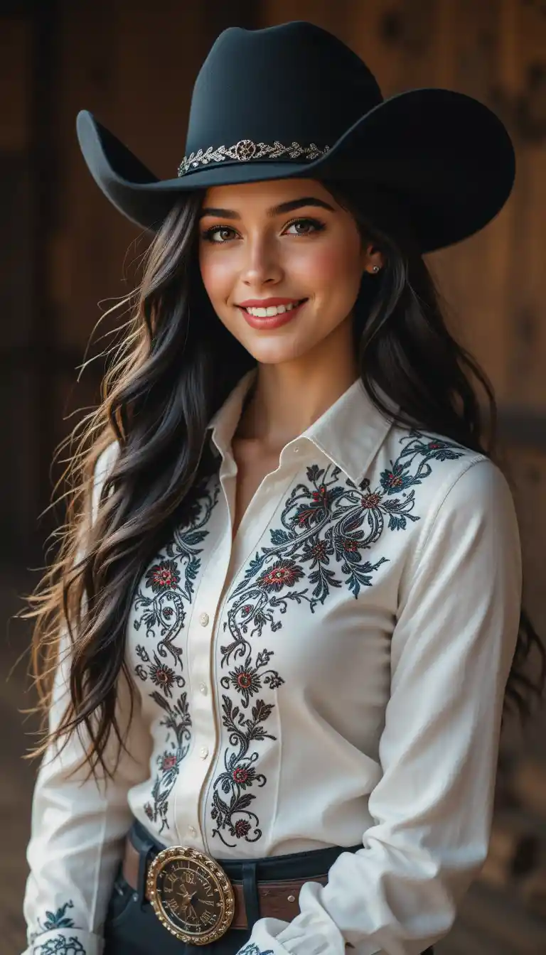 Elegant cowgirl influencer smiling in rustic outdoor setting