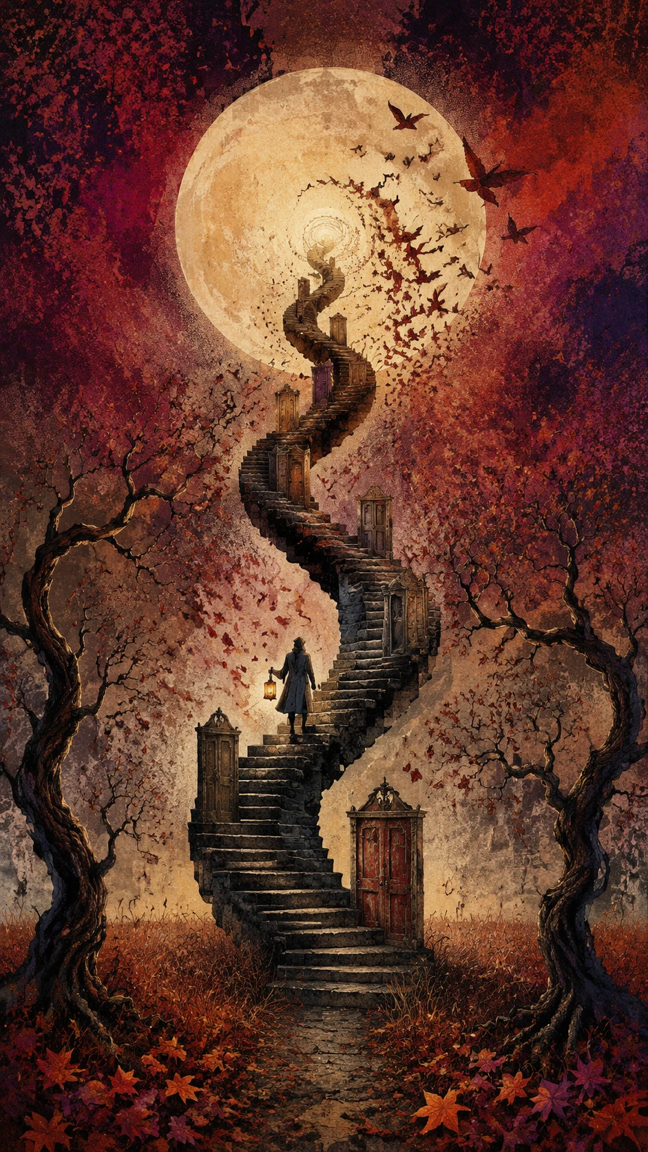 Escalier en spirale s’élevant vers une vaste lune lumineuse