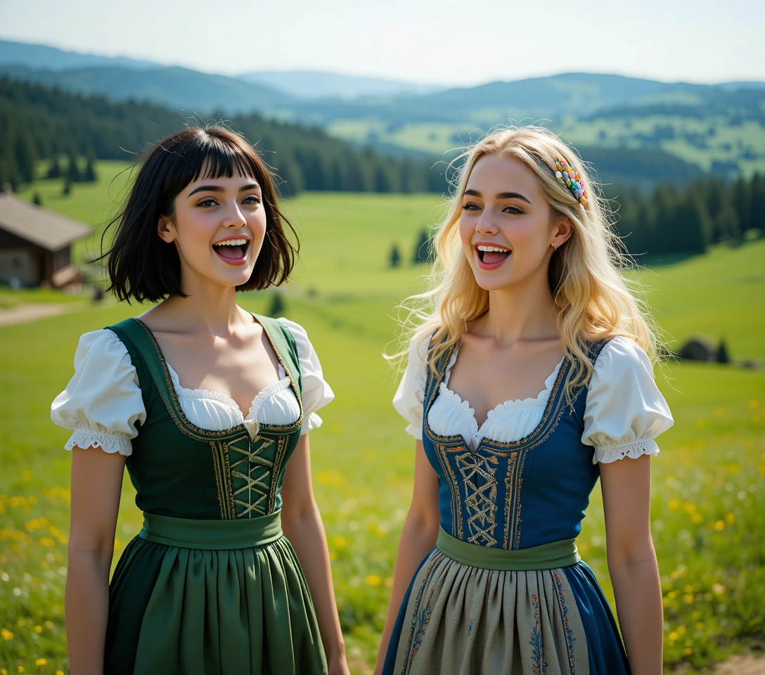 Duas mulheres em dirndls bávaros cantando no campo verde