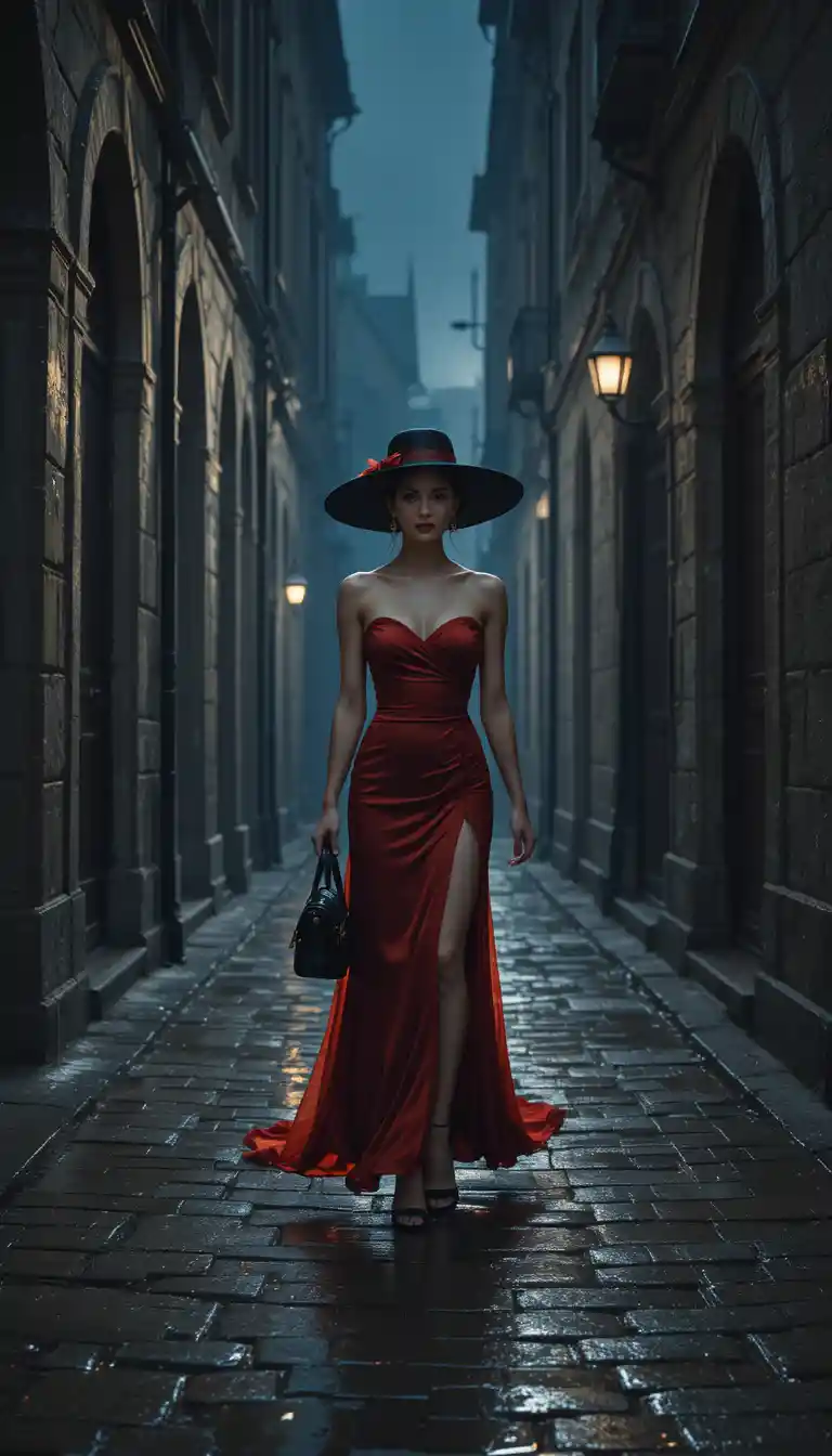 Elegant woman walking alone in a wet gothic alley