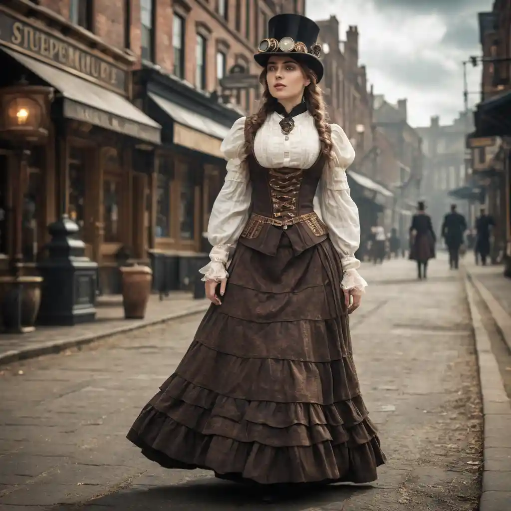 Steampunk lady in Victorian skirt walking through city street