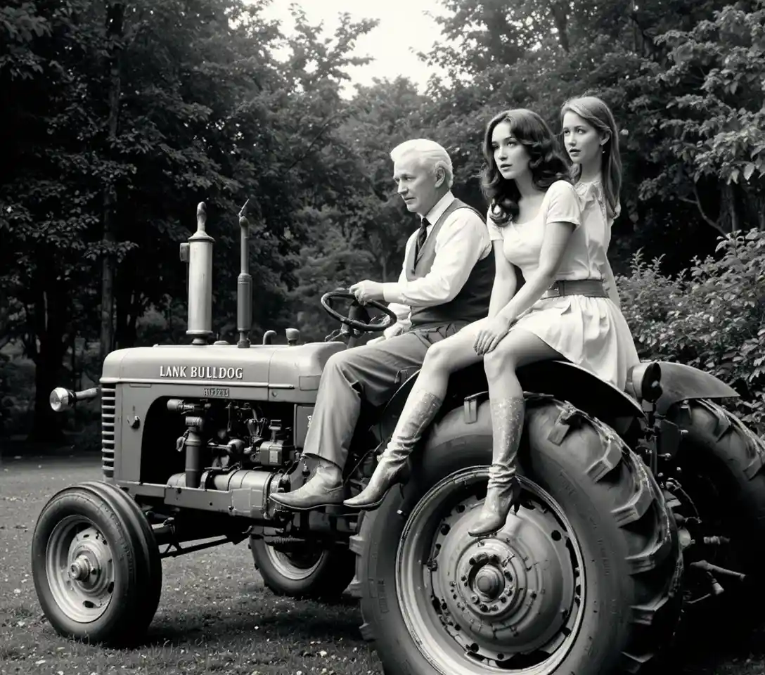 Vintage tractor ride with playful passengers in rural setting