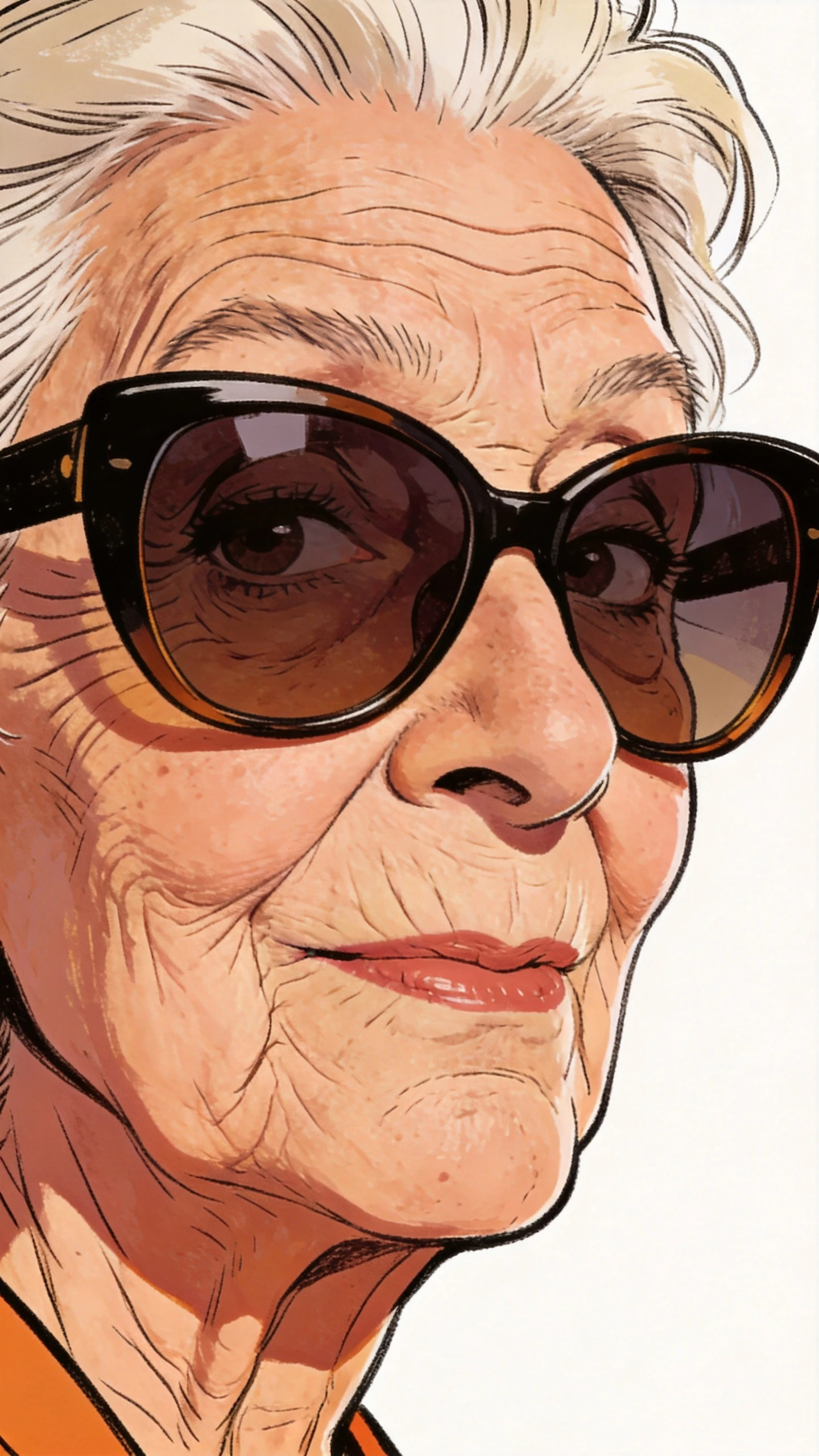 Karikaturporträt einer Großmutter mit übergroßer Sonnenbrille