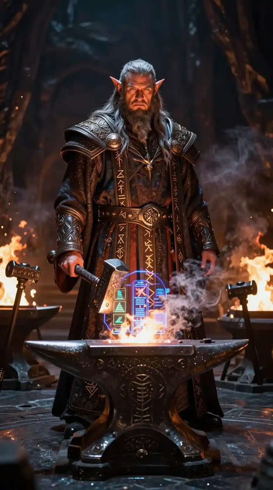 Ancient fantasy dwarf smith stands behind glowing runic forge