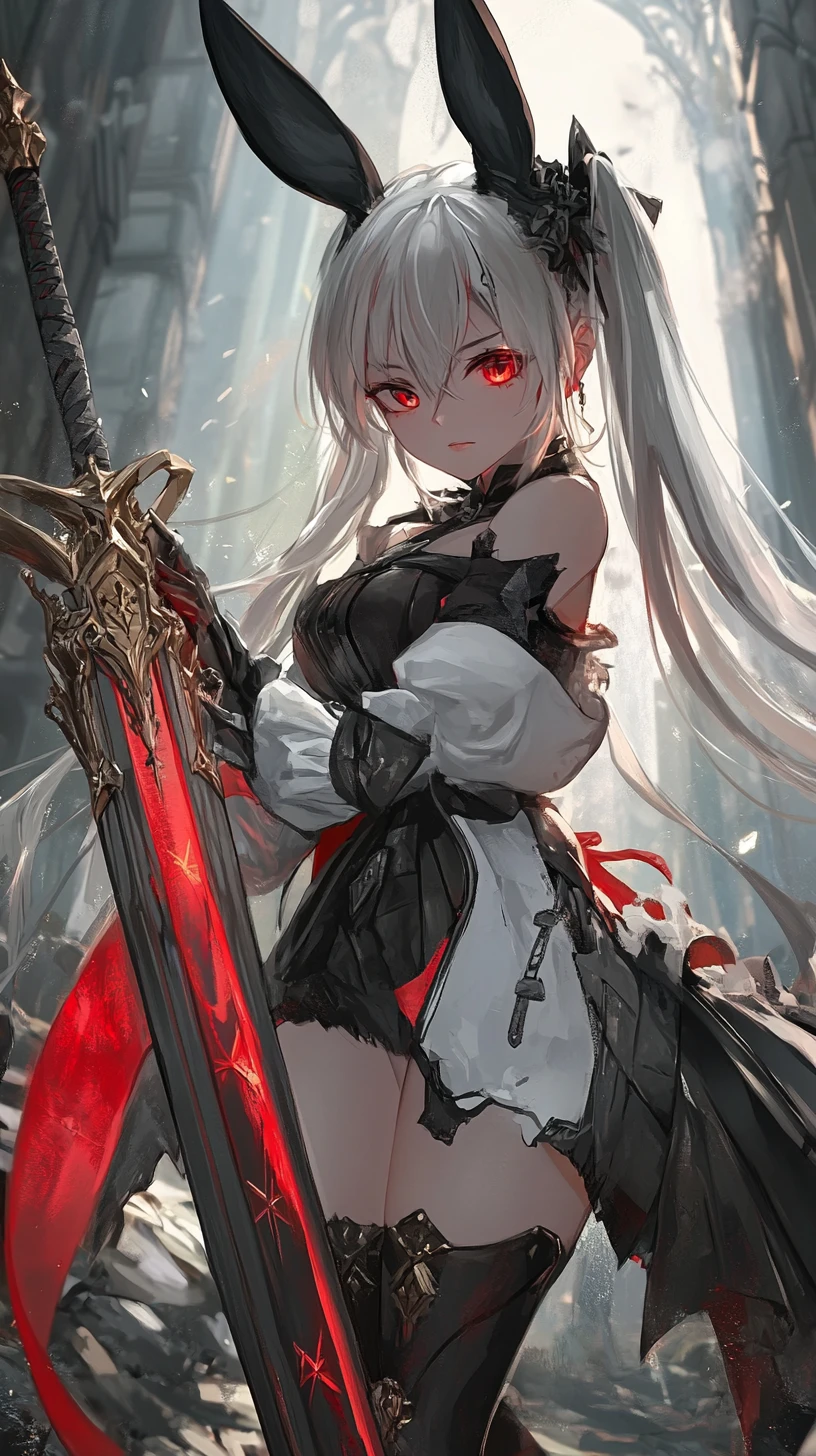 Garota de anime com espada rúnica em uma rua urbana escura